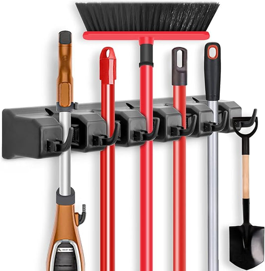 IMILLET Mop and Broom Holder, Wall Mounted Organizer-Mop and broom Storage Tool Rack with 5 Ball Slots and 6 Hooks (Black)-NeatNest