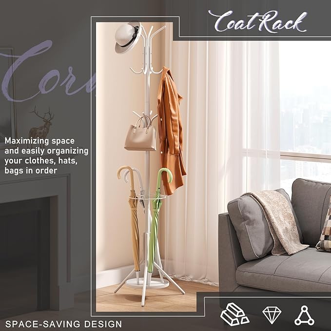 Coat Rack Freestanding Entryway Hanger Stand, Umbrella Holder, Hall Tree With 12 Hooks, Floor Standing Metal Tree Stand, White-NeatNest