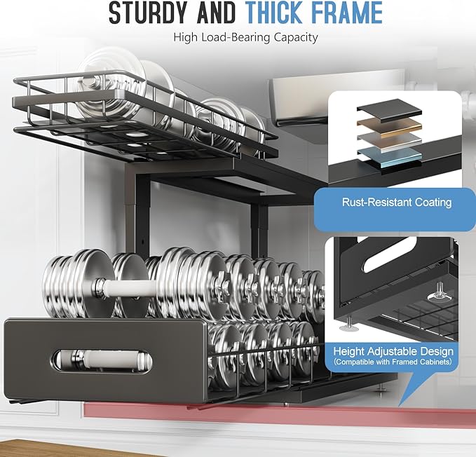 2 Pack 18 IN Depth Under Sink Organizer with Smooth Ball Bearing Slides,2-Tier Pull Out Cabinet Storage,Slide Out Drawers for Bathroom&Kitchen,Rust-resistant Coating,Height Adjustable-Black-NeatNest