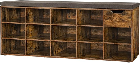 DINZI LVJ Shoe Bench, Entryway Storage Bench with Drawer and 14 Cubbies, Long Cubby Shoe Rack with Adjustable Shelves, Shoe Organizer for Living Room, Bedroom, Mudroom, Garage, Rustic Brown-NeatNest