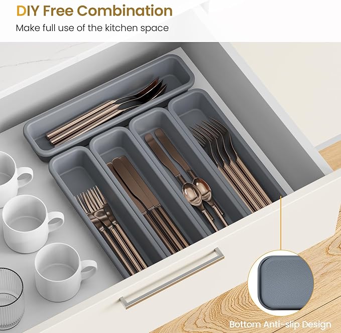 5 Pack Silicone Drawer Organizer for Kitchen, DIY Free Combination Silverware Organizer, Utensil Drawer Organizer, Moisture-proof and Heat-resistant up to 200°C, Anti-slip and Environmentally (Grey)-NeatNest