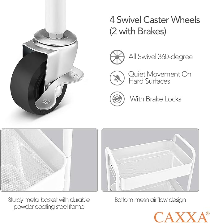 CAXXA 3-Tier Rolling Metal Storage Organizer - Mobile Utility Cart Kitchen Cart with Caster Wheels, White-NeatNest