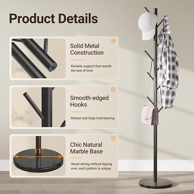 ELYKEN Coat Rack Freestanding with Natural Marble Base, Metal Coat Rack Stand with 10 Hooks, 3 Adjustable Size Coat Tree for Bags, Clothes, and Hats for Entryway, Bedroom, Hallway, Office, Black-NeatNest