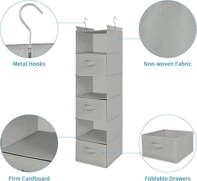 MAX Houser 6 Tier Shelf Hanging Closet Organizer, Closet Hanging Shelf with 2 Sturdy Hooks for Storage, Foldable (Light Grey-D3)-NeatNest