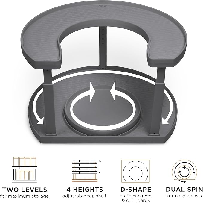 2-Tier Spice Rack Organizer for Cabinet | Rotating Lazy Susan Spice Organizer Holds 40 Spice Jars | Countertop & Pantry Spice Shelf for Kitchen Organization & Storage (Gray)-NeatNest