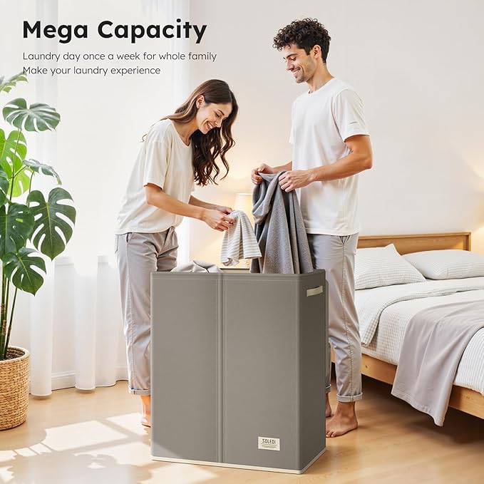 SOLEDI Large Double Laundry Hamper with Lid, Collapsible Clothes Hamper 2 section with Removable Bags, Space-Saving Laundry Basket for Bedroom, Dorm, College-NeatNest