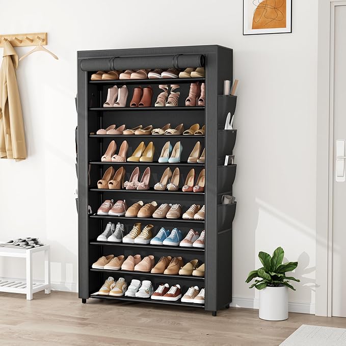 Shoe Rack with Cover, 10 Tier Shoe Organizer Storage for 40-50 Pairs Sneaker and Boots, Large Capacity, with 8 Pockets, Free Standing Tall Shoe Rack for Front Door Entrance, Closet-NeatNest