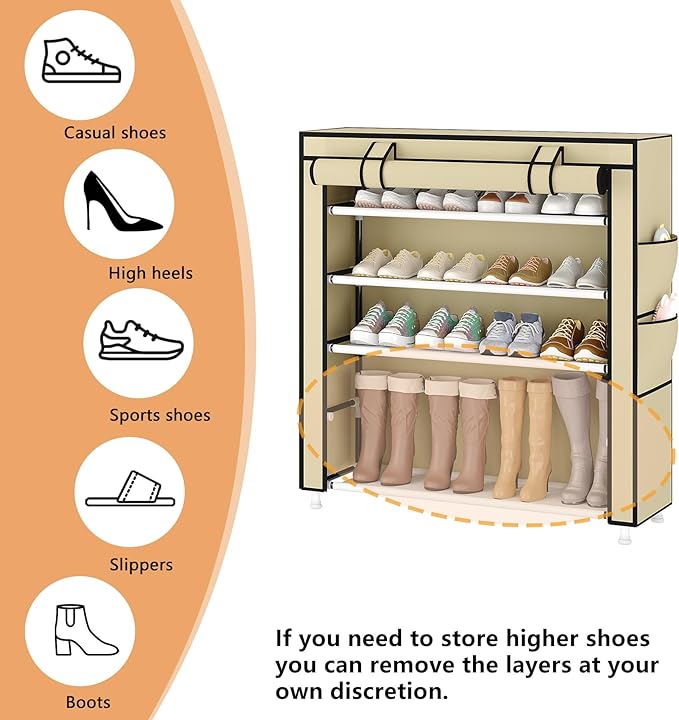 Laiensia 5-Tier Vertical Shoe Rack Organizer, Space Saving Shoe Storage Organizer, Non-Woven Cover Shoe Shelf Holds 20-25Pairs for Bedroom, Hallway, Closet Entryway, Beige-NeatNest