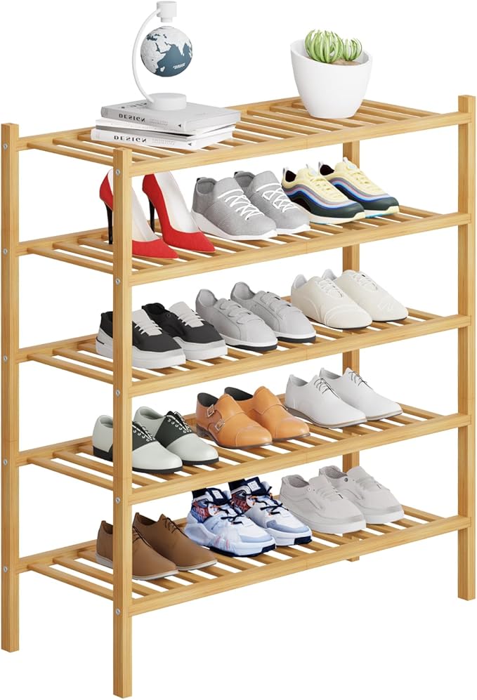 5 Tier Bamboo Shoe Rack Storage Organizer for Closet, Multifunctional Stackable Free Standing Shoe Shelf Organizer for Small Space,Entryway,Hallway,Bathroom 27"x11"x32"(Natural, 5 Tier)-NeatNest