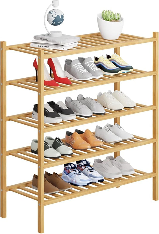 5 Tier Bamboo Shoe Rack Storage Organizer for Closet, Multifunctional Stackable Free Standing Shoe Shelf Organizer for Small Space,Entryway,Hallway,Bathroom 27"x11"x32"(Natural, 5 Tier)-NeatNest