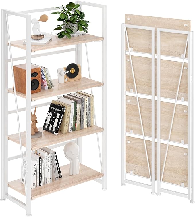 BHG Vintage Multifunctional Bookcase Folding Bookshelf, No-Assembly Plant Stand Storage Rack Shelves for Home Office (White, 4-Tier)-NeatNest