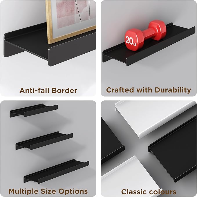 Floating Shelves for Wall, Wall Mounted Shelves with Lip for Storage, Metal Display Shelves for Home Decor, Kitchen/Living Room/Bedroom/Bathroom Shelf, Black 12 inch 2 Pack-NeatNest