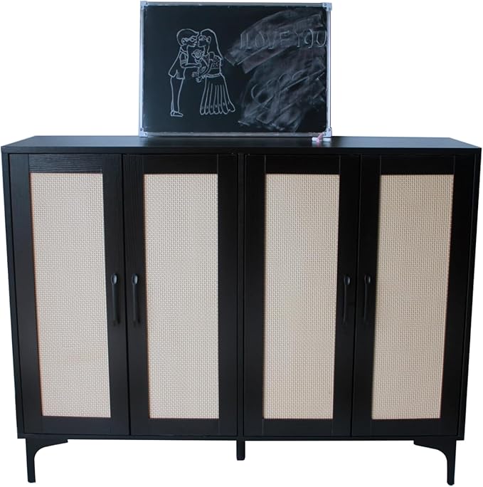 Buffet Sideboard, Side Storage Cabinet, entryway Cabinet, Buffet Sideboard with Rattan, Featuring 4 Doors and Adjustable Shelves, Suitable for Living Room (Black)-NeatNest