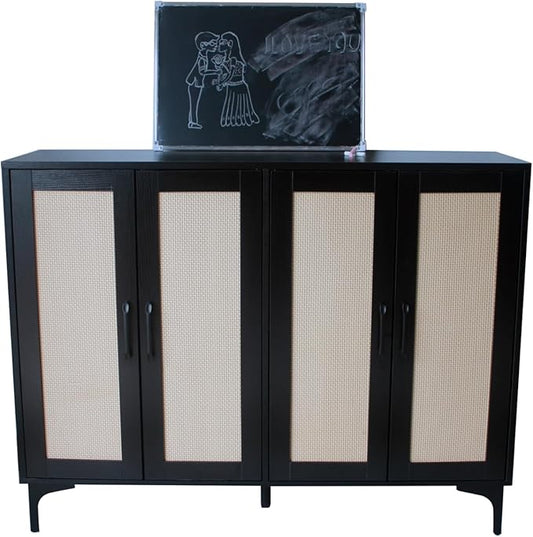 Buffet Sideboard, Side Storage Cabinet, entryway Cabinet, Buffet Sideboard with Rattan, Featuring 4 Doors and Adjustable Shelves, Suitable for Living Room (Black)-NeatNest