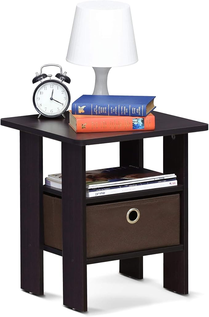 Furinno Andrey End Table / Side Table / Night Stand / Bedside Table with Bin Drawer, Dark Walnut, 1-Pack, Center Bin