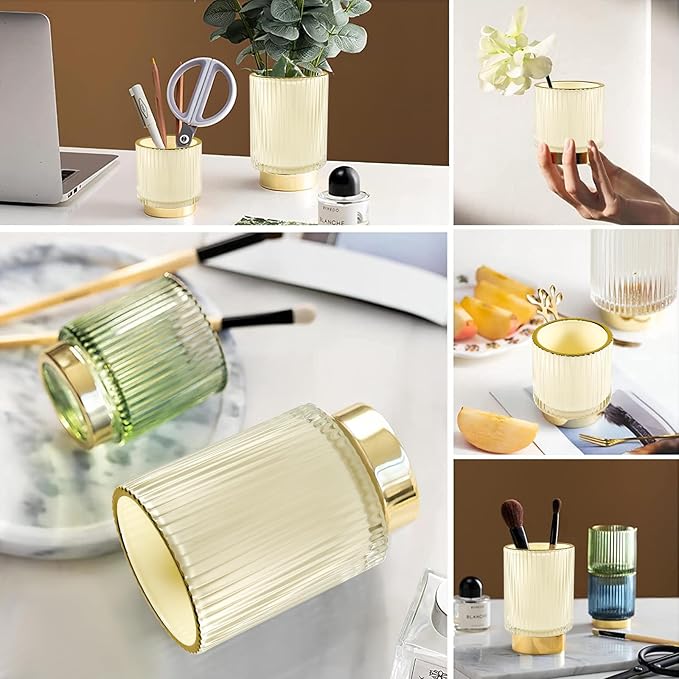 DASITON Makeup Brush holder Organizer,Crystal Cosmetic Makeup Brush Glass Brushes Storage Holder, Vintage Make Up Brush Cup Pen Pencil Holder striped vase(Cream S)-NeatNest