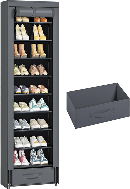 Shoes Rack 10 Tier Tall Narrow Shoe Rack with Bin Covered Shoe Shelf Storage Organizer Closet Stackable Shoe Stand-NeatNest