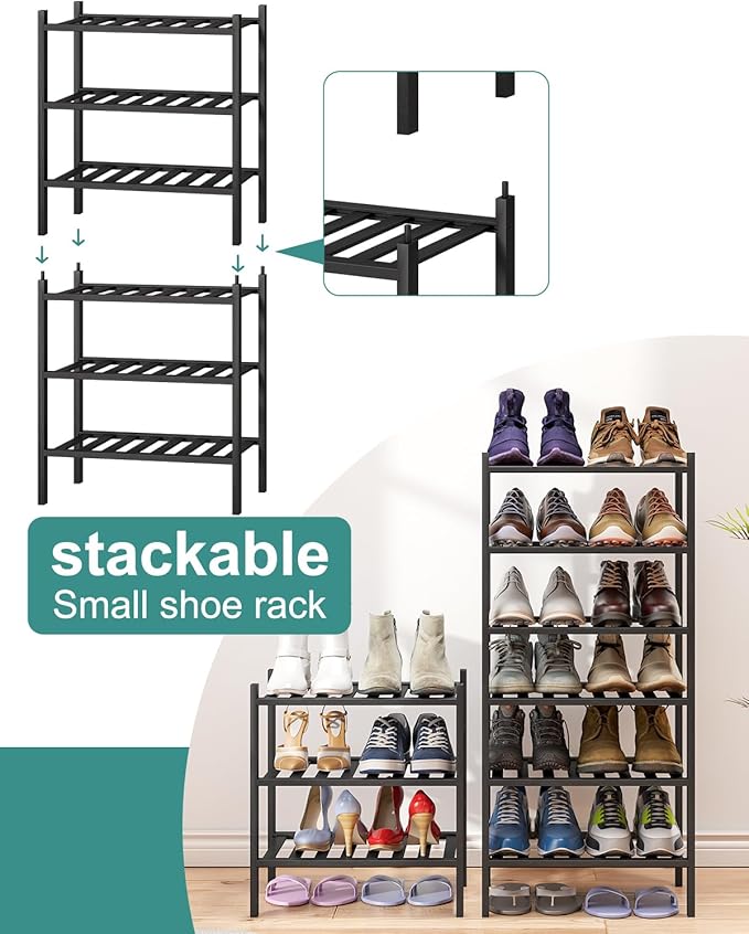 Small Shoe Rack for Entryway,3-Tier Black Bamboo Shoe Organizer for Hallway Closet, Free Standing Shoe Racks for Indoor Outdoor-NeatNest