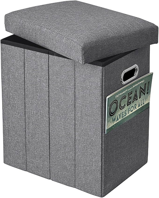 Tall Ottoman with Storage Collapsible Fabric Small Slim Folding Ottoman Furniture with Handles Lid for Room Footrest Foot Stool Linen Grey 16.5x16.5x11.8in