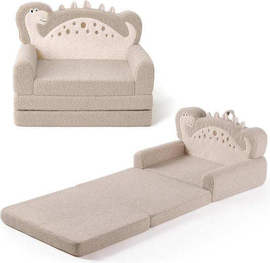 Blissful Diary Kids Couch, 2-in-1 Soft Toddler Couch Fold Out, Toddler Chair Comfy, Convertible Sofa to Lounger, Kids Furniture for Playroom, Gift for Birthday, Children's Day, Khaki Dinosaur-NeatNest