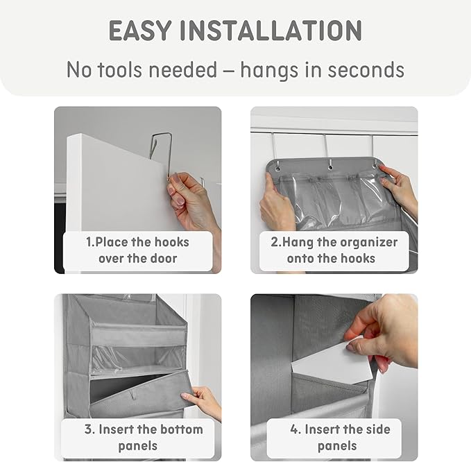 Heavy Duty Over The Door Organizer Hanging Storage – 6-Tier Behind The Door Storage with 5 Large, 6 Side & 3 PVC Pockets – 50 lbs Hanging Organizer for Closet, Nursery, Bathroom – 1 Pack, Gray-NeatNest