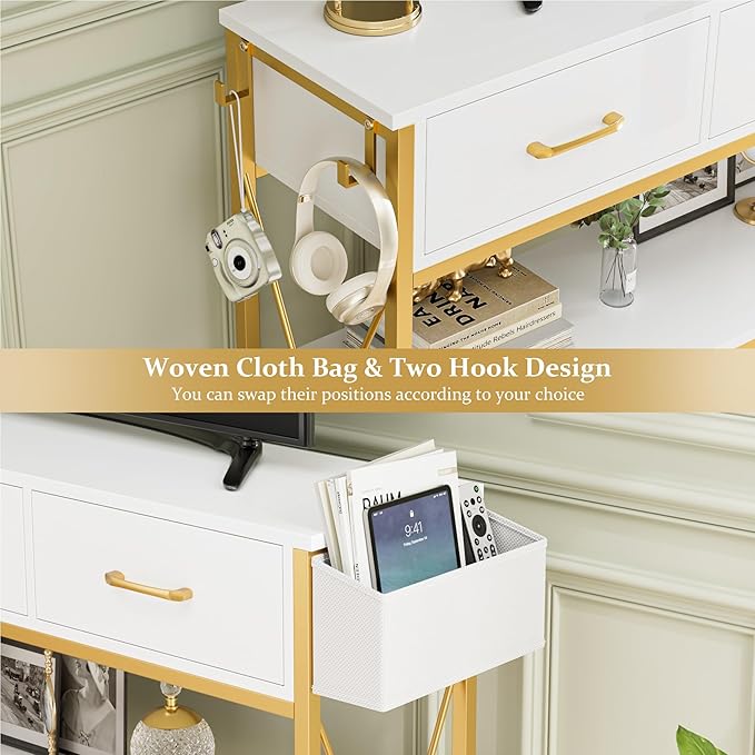 HITHOS 47.2" Console Table with 3 Drawers, Narrow Long Entryway Table with 3-Tier Storage Shelves, Industrial Sofa Foyer Table for Living Room, Hallway, Entry Way, Foyer, Kitchen, White/Gold-NeatNest