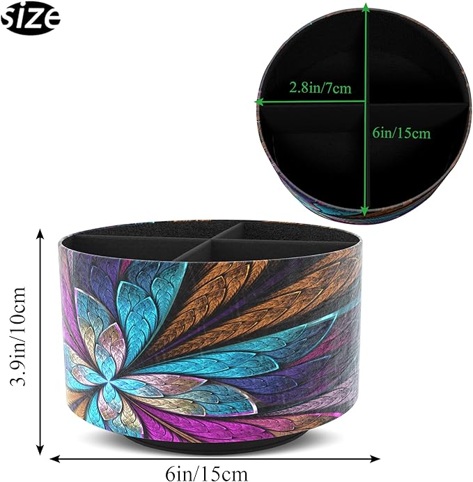 Hennaja Round Leather Art Supply Organizer,Remote Control Holder,360 Degree Rotating,Multi-Functional Pencil Holder,4 Compartments Desktop Stationary Organizer(1-Fractal Flower)-NeatNest