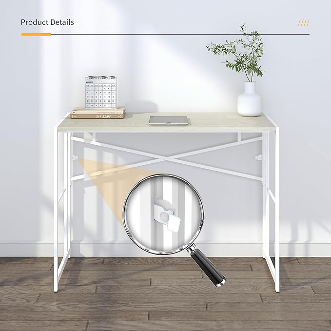 40 inch Folding Desk, Writing Gaming Computer Camping Desk, No Assembly Required Home Office Table, Natural and White-NeatNest