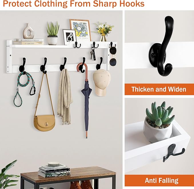 29'' Coat Rack Wall Mount with Shelf, Coat Hanger Wall Mount with Key Hooks and Mail Holder, Wood Entryway Floating Shelf with Hooks and Storage, Hat Rack for Wall Key Holder Mail Organizer