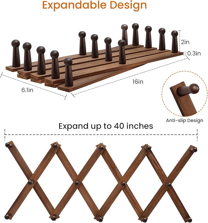 Homode Accordion Wall Hanger, Hat Rack for Wall, Wood Expandable Coat Rack, Vintage Accordian Peg Hooks Purse Organizer for Hanging Baseball Caps, Coffee Mug, Hats, Clothes, Backpack, Towel-NeatNest