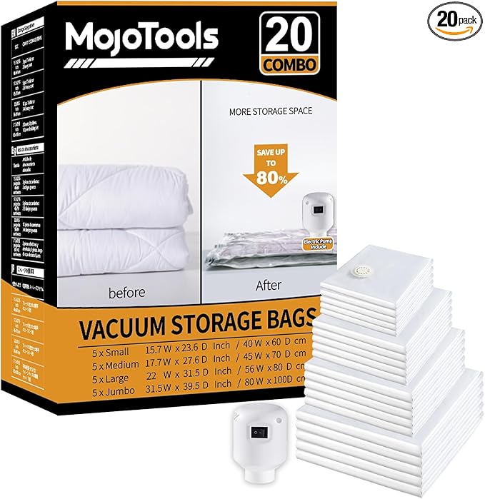 Vacuum Storage Bags with Electric Air Pump, 20 Pack (5 Jumbo, 5 Large, 5 Medium,5 Small) Space Saver Bag, Space Saver Bag, Vacuum Sealer Bags for Clothes, Blanket, Duvets, Pillows, Comforters, Travel-NeatNest