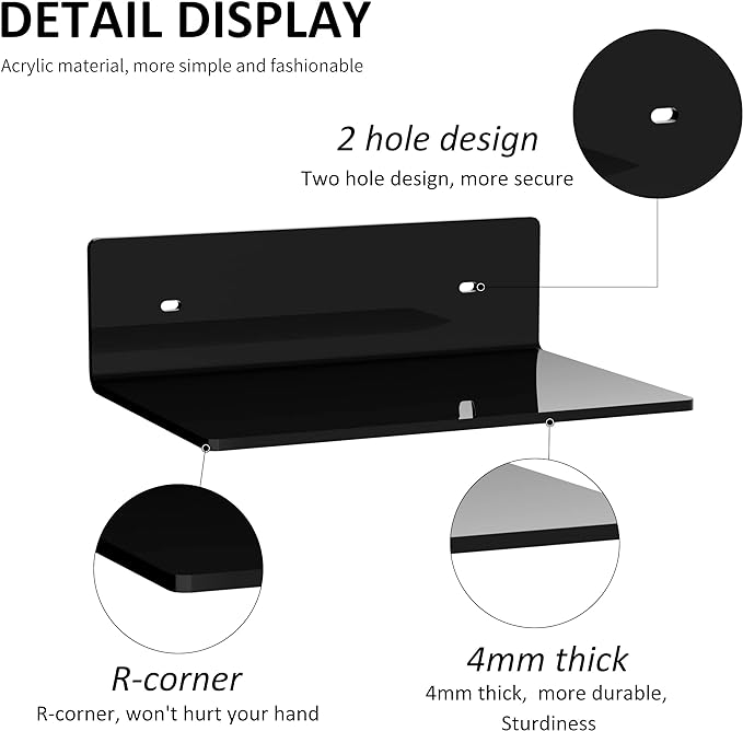 9 Inches Acrylic Wall Shelves 2 Pack, Floating Shelf for Wall Mounting, Acrylic Display Ledges for Funko Pop Figures, Home Décor, Living Room, Gaming Room, Plants(9 inch, Black)-NeatNest