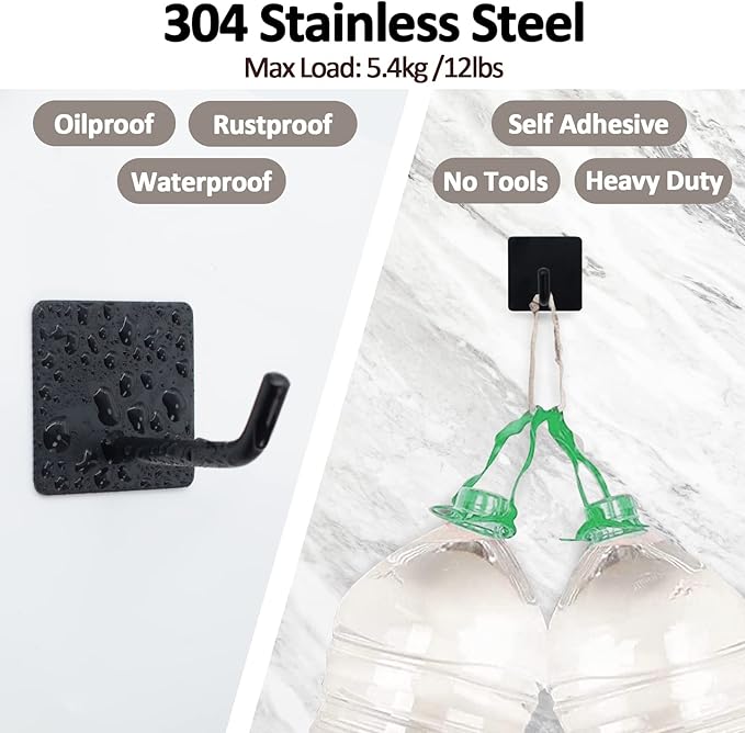 4PCS Adhesive Sticky Wall Hooks Heavy Duty, Long Stainless Steel Towel Hooks for Hanging Kitchen Bathroom Home, Waterproof Hook Wall Hanger Holder for Key Hat Coat Bag (Black)