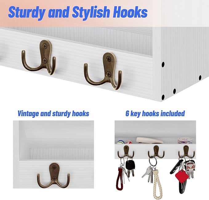 5 Tier Hanging Wall File Holders Letter Size Wall File Organizer Wood Mail Organizer with 6 Hooks, White