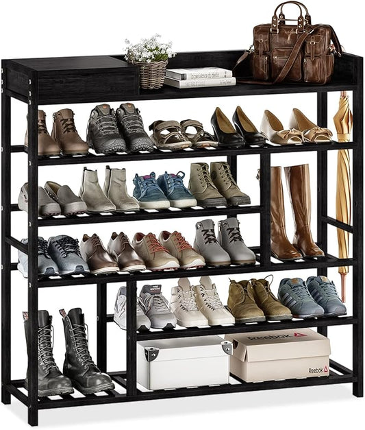 Bamworld Shoe Rack for Front Door Entrance Bamboo Shoe Organizer with Storage Box Free Standing Shoe Cabinet Shoe Storage Shelf for Entryway, Closet and Doorway (Black)-NeatNest