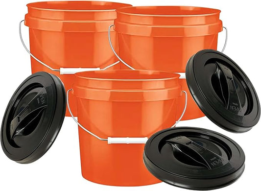 House Naturals 2 Gallon Food Grade Made in USA- BPA Free Bucket Pail Orange (3, Orange & Black lids)