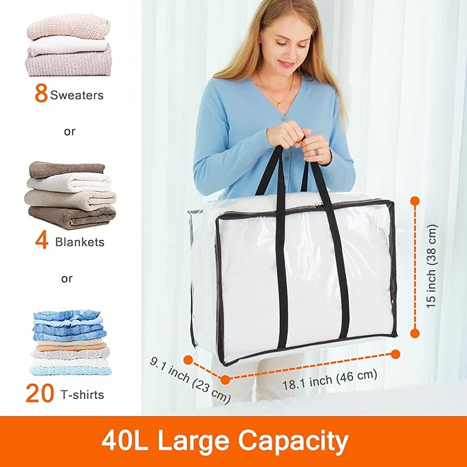 Vieshful 7 Pack Clear Comforter Storage Bag, 40L Clothes Storage Bag with Zipper Closet Organizer, Plastic Storage Containers Moving bags for Comforter, Blanket, Bedding, Duvet, Toys-NeatNest