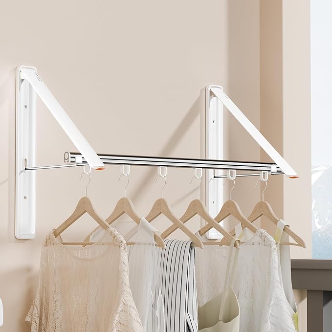 Clothes Drying Rack Retractable, Wall Mounted Clothes Hanger Rack for Laundry Room, Laundry Drying Rack with Clothes Rod Space Saving Closet Organizer Aluminium (White, 2P)-NeatNest