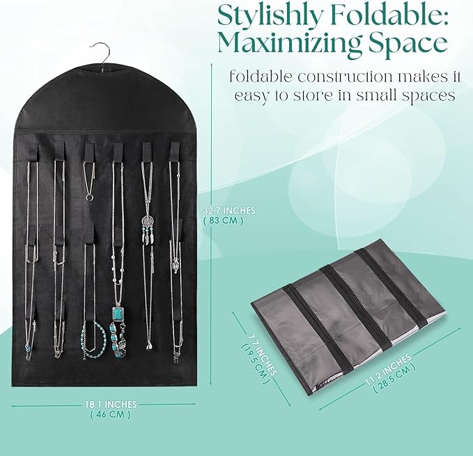 Flexzion Hanging Jewelry Organizer – (1 Pack) Black 32 Clear Pockets & 18 Hooks & Loops, Non-Woven Bag Dual Side Earring Storage Display Holder with for Necklace Bracelet Sunglasses-NeatNest