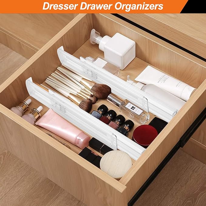 4 Pack Drawer Dividers for Clothes, 2.3" High 13"-21" Adjustable Drawer Dividers Expandable Dresser Drawer Organizer, Clear Drawer Separators for Clothes, Underwear, Cosmetic, Kitchen Utensils Storage-NeatNest
