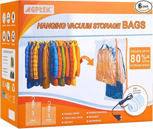 AGPTEK 6-Pack Hanging Vacuum Storage Bags for Clothes, Suits, Dresses & Jackets (3 Jumbo,3 Large) with Electric Pump - Space Saver Closet Organizer, Travel & Moving Supplies, Heavy Duty PA+PE-NeatNest
