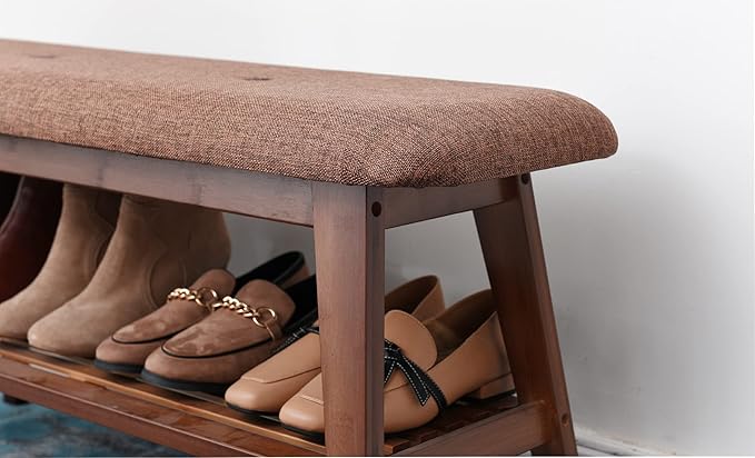 Shoe Entryway Bench, Bamboo Shoe Rack Bench, Organizer with 2 Tier Storage Simple Style Good Load Bearing, Ideal for Entryway Hallway Living Room,(Brown,35.4'')-NeatNest