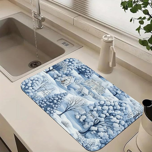 Hello Winter Dish Drying Mats Super Absorbent Dish Drainer Rack Pad Non-Slip Drying Mat for Kitchen Counter, 20"x12"