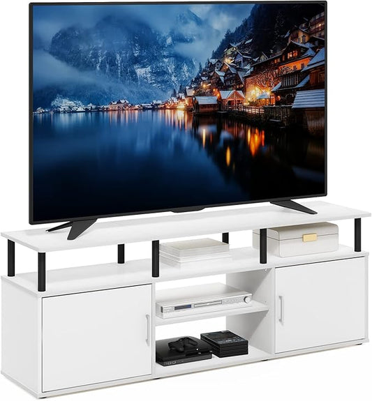 Furinno Jensen Entertainment Center Stand for TV up to 70 Inch, Plastic Pole, Solid White/Black-NeatNest