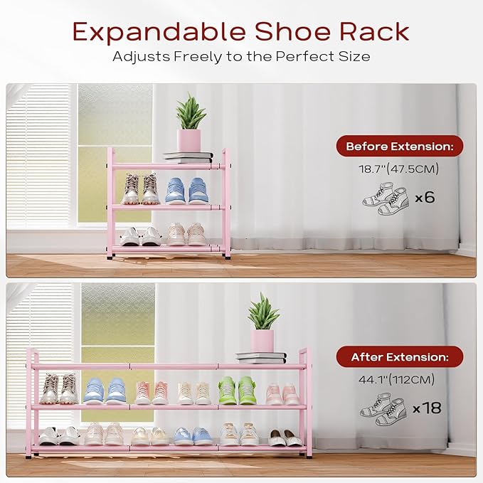 Bumusty 3-Tier Long Expandable Shoe Rack for Closet, 18"-44" Adjustable Shoe Rack for Entryway, 15-18 Pairs Large Shoe Organizer Shelf Storage, Sturdy Metal, Pink-NeatNest