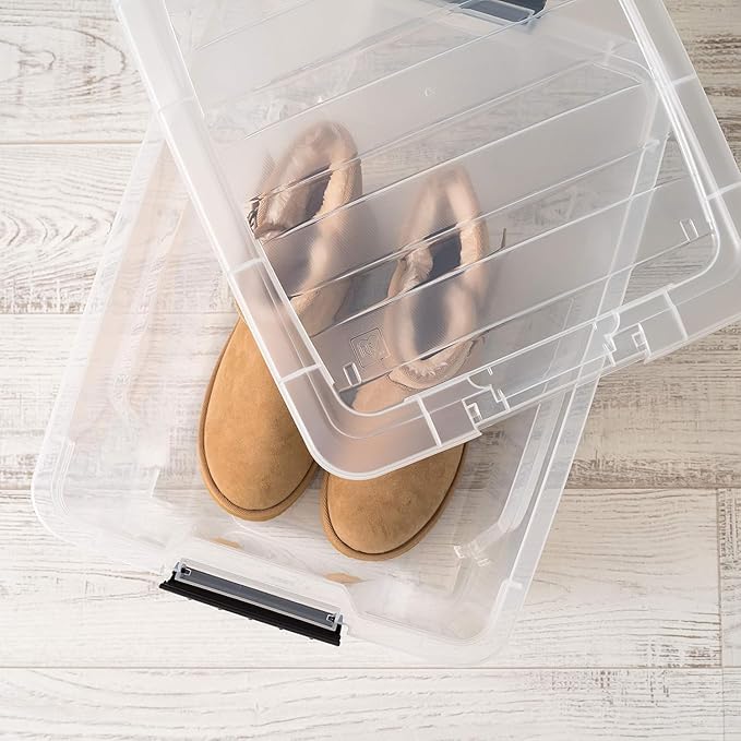 IRIS USA 32 Qt Stackable Plastic Storage Bins with Lids, 4 Pack - BPA-Free, Made in USA - See-Through Organizing Solution, Latches, Durable Nestable Containers, Secure Pull Handle - Clear