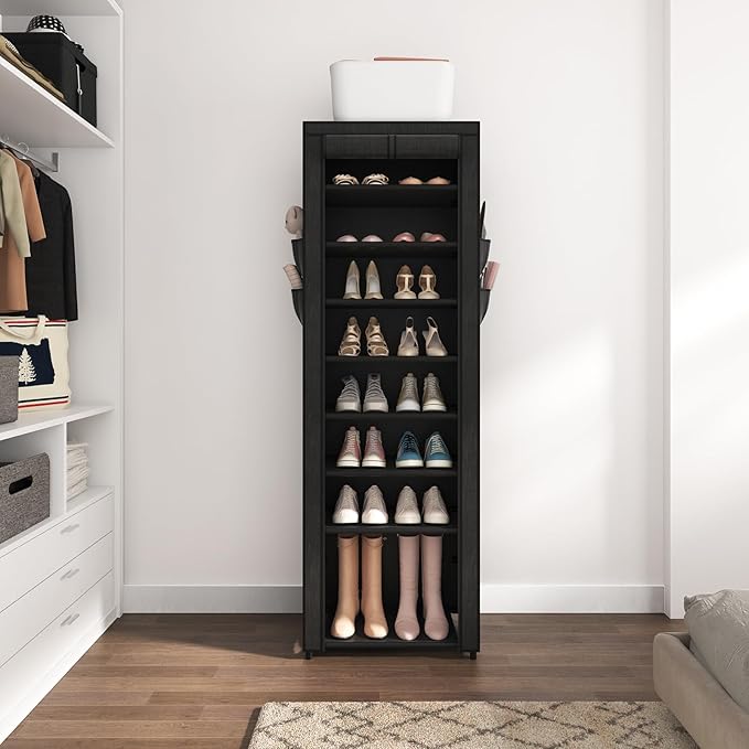 Shoe Rack with Cover Narrow Shoe Organizer with 4 Side Pockets 10 Tier Tall Shoe Storage Holds 18-22 Pairs Shoes and Boots Shoe Rack for Closet Entryway Garage-NeatNest