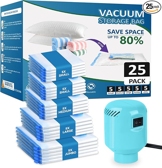 Large Vacuum Storage Bags with Electric Pump 25Pack(5 Jumbo/5 Large/5 Medium/5 Small/5 Roll) Vacuum Seal Bags For Clothing Travel Packing,Blanket,Duvets,Pillows,Comforters-NeatNest