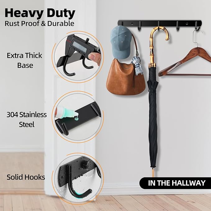 2 Pack 5 Single-Hook Wall Coat Rack - Thickened 304 Stainless Steel Hook Racks, Modern Coat Rack with Hooks, Durable Wall Hangers, Jacket Hooks, Towel Rack, Matte Black