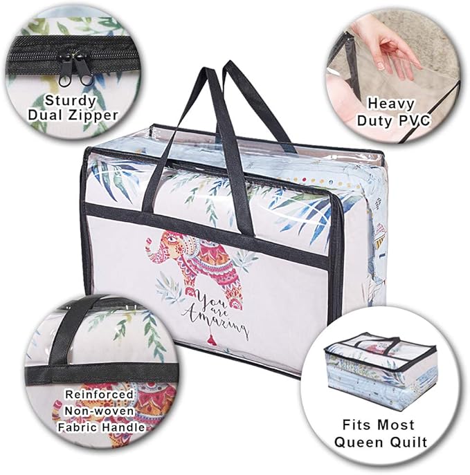Clear Clothes Storage Bag Organizer with Reinforced Handle, Vinyl Storage Bags for Comforter, Blanket, Bedding, Toys, Transparent Moving Totes with Sturdy Dual Zippers, 3 Pack, 55 L, Black-NeatNest